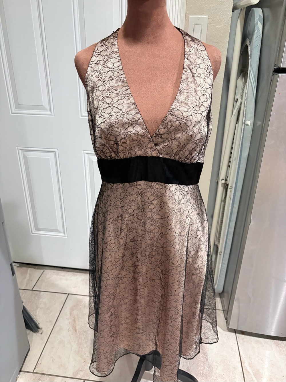 Jones Wear Blush and Black Lace-Trim V-Neck Dress